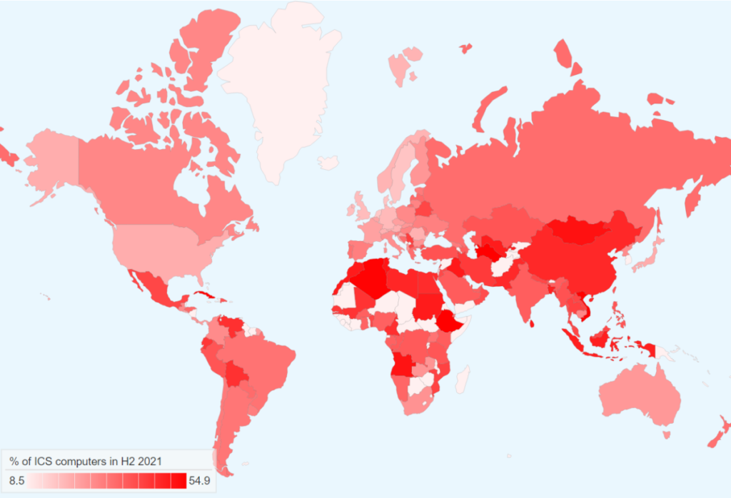 ICS2021 fuentes 8 Porcentaje de cómputos de ICS en los que se bloquearon objetos maliciosos en diferentes países y territorios, segundo semestre de 2021